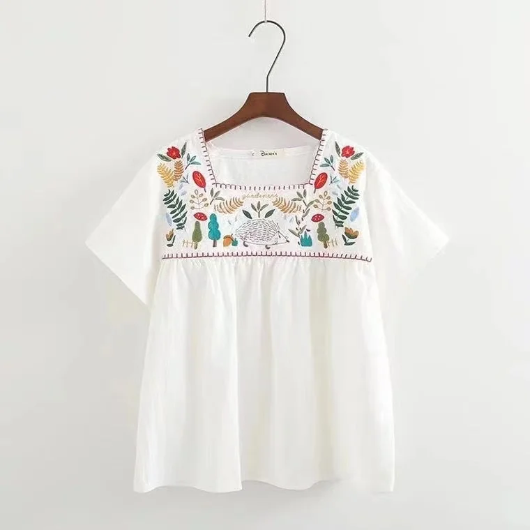Étnica camisa mori meninas Japão estilo boêmio de manga curta, gola quadrada jardim floral bordado camisa de algodão branco, tops