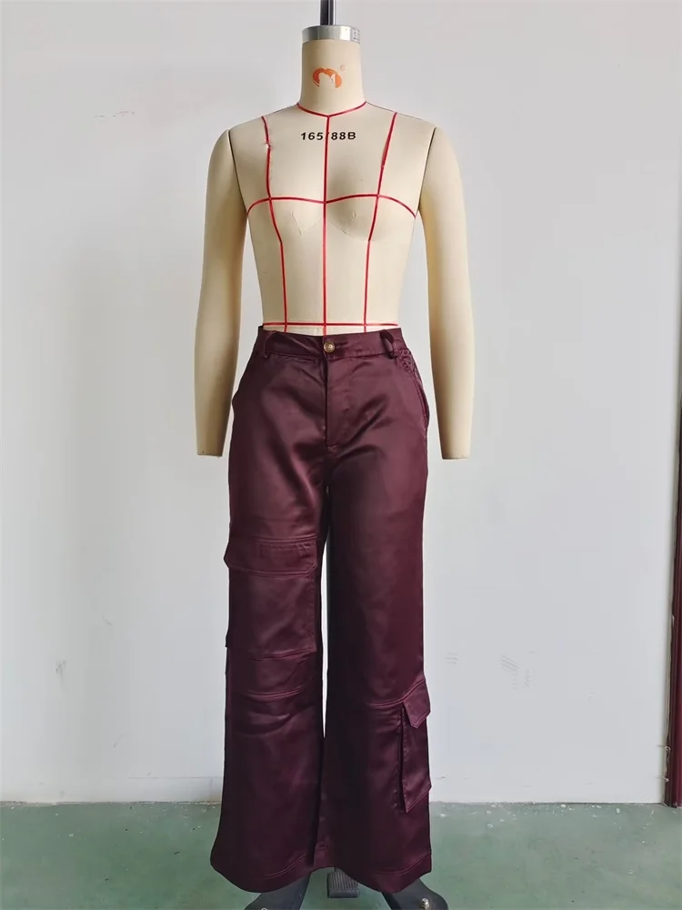 ZXQJ Mulheres 2023 Moda Cor Sólida Lado Bolsos Macio em linha Reta de Carga Calças Vintage Cintura Alta com Zíper Voar Feminino Calças