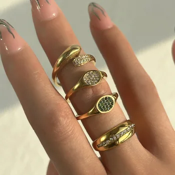 18k Ouro Chapeado de Titânio de Aço Geométricas Zircão Anel Para as Mulheres do Vintage Bússola Zircão Anéis de Moda Jóia do Dia dos Namorados Presente