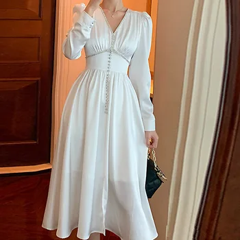 2022 Mulheres de Outono, o Vestuário francês Retro Hepburn Estilo de Vestido Branco de Cintura do Emagrecimento do Meados de-Comprimento Vestido de Noite