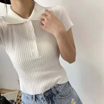2023 Fashion T-Shirt Mulher Manga Curta Crop Top De Malha, Camisas De Botão Casual Vermelho Branco Tops Sólido Curto Camisa 7 Cores