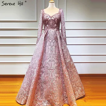 2023 Renda feita à mão Beading Mangas compridas, Vestidos de Dubai cor-de-Rosa Luxo V-Neck Sexy Vestidos de Noite BLA60899