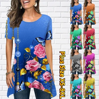 2023 Senhoras Gola Redonda Flor PrintingT-Shirt de Manga Curta feminina Casual Pulôver Solto T-Shirt de Verão Pulôver de Moda de Topo
