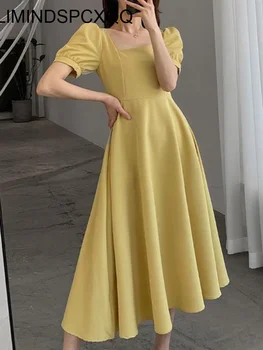 2023 Verão Elegante Vestido De Moda Francesa Curto Puff Manga Praça Colar Uma Linha Plissado Senhora Do Escritório Midi Amarelo Vestidos Vestido