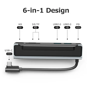 6-em-1-Tipo C de Hub do Tipo Multifuncional-C Conversor Escudo da Liga de Alumínio com HD USB2.0 USB3.0 PD Portas TF slot de Cartão SD