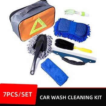 7pcs Limpeza da Lavagem de carros Kit de ferramentas de Pneu de Carro Roda Escova de Chenille Lavar Esponja Toalha do Microfiber Panos Com Saco de Armazenamento de Acessórios