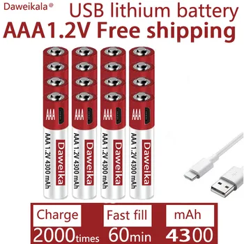 AAA de carregamento USB de 1,2 V AAA 4300mAH bateria de lítio recarregável para arma de alarme de controle remoto de rato de brinquedo bateria + FRETE GRÁTIS