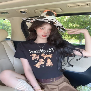 Bebê Tee Estética Camiseta Vintage Emo coreano Moda Y2k roupas harajuku Kawaii Crop Top Shirt das Mulheres T-Shirt Cachorro de Impressão Slim