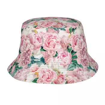 Boho Vintage Blush Real Peônias Chapéu de Balde de Viagem Headwear Flores Pescador Caps para o Exterior Unisex Chapéu Panamá Dobrável