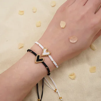 Bracelete frisado Coração em forma de gráfico de Moda Simplicidade Versátil Boêmio Ajustável Mão-tecidos de Arroz bracelete do grânulo