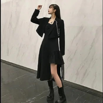 casual funda ajuste fino de verão senhoras barra preta roupas traje de jaqueta vintage pedaço de pele chave de roupas Y2K primavera novo sexy vestido