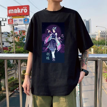 Demon Slayer Kochou Shinobu Roxo Gráfico T-shirts Anime Quente Mangá, Cartoon Streetwear de Manga Curta Preta de Algodão T-shirts Unsex