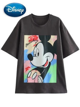 Disney Novo 2023 T-Shirt Elegante Mickey Mouse Cartoon Impressão De Moda As Mulheres O-Pescoço Camisola De Manga Curta T Tops Femininos Verão