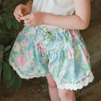 Estilo coreano de Verão da Menina das Crianças Vintage Shorts Soltos com Amarelo Azul Impressão de Renda para as Meninas infantil Vestuário E786