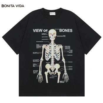 Hip Hop Camiseta De Caveira Streetwear Homens Crânio Ossos Do Esqueleto Gráfico T-Shirt De Impressão Punk Rock Gótico Tee Harajuku Casual Loos Tops