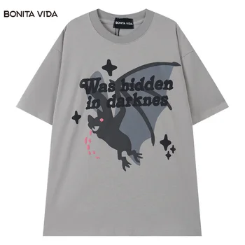 Hip Hop Tshirt Streetwear Homens 2023 Verão Morcego Carta De Impressão Gráfica De Grandes Dimensões T-Shirt Harajuku Fashion Punk Algodão Solto Superior Tee