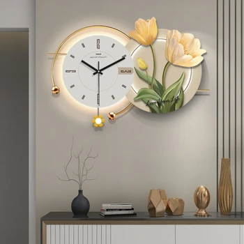 Luz de luxo relógio de parede moderno e minimalista, sala de estar, relógio de moda restaurante criativo decoração de flores pendurados pintura relógio