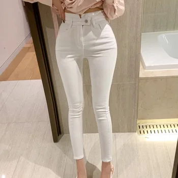 Moda, Mulher Menina Cintura Alta Branca, Calças Jeans Sexy Calças Chiques Skinny Jeans Lápis de Tornozelo-comprimento Mãe de Brim de Roupas Vintage