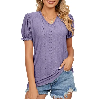 Mulheres Camisa 2023 Verão de Cor Sólida Costura de mangas Curtas Oco com decote em V T-shirt da Moda Casual Tops Femininos