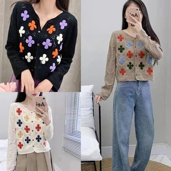 MXMA Mulheres Botão Oco de Crochê Jaqueta coreano Elegante Bordado Floral Cardigan