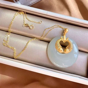 Nova Prata Incrustada Natural Hetian de Jade Branca Peixes Com Pingente Chinês Única de Areia de ouro de artesanato das mulheres da marca de jóias