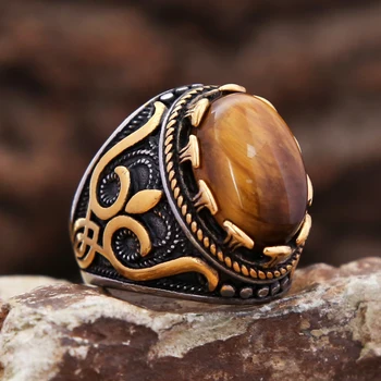 Novo Vintage, feitos à mão Esculpida Olho de Tigre, Anel de Pedra para Homens Mulheres Grande de Aço Inoxidável Anéis de Pedra de Jóias de Moda Presentes no Atacado