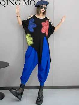 QING MO Personalizado, Moda, Estilo de Graffiti Off Ombro Manga Curta T-shirt + Duas peças de Conjunto de Mulheres a Lanterna Azul Calças ZXF2479