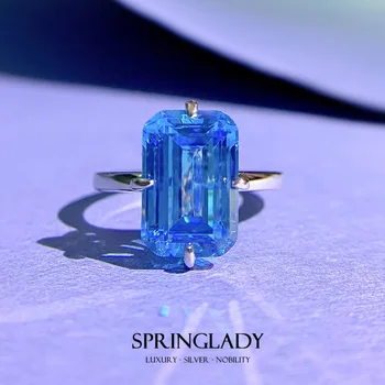 SpringLady Novo S925 Prata 8 * 12 Mar Azul Tesouro Anel Ins Prata Luz de Luxo Simulação de Diamante
