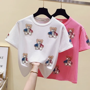 Verão Nova Moda Tops de Algodão T-shirt Impresso Diamante T-Shirt de Manga Curta Mulheres Kawaii Roupas