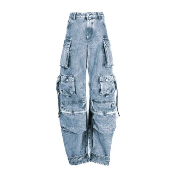 Vintage calça Jeans feminina 2023 Primavera Y2k Indústria Pesada Função de Calças com Bolsos Multi Streetwear Cintura Alta Wide Leg Jeans