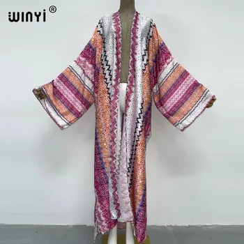WINYI 2023 novo Impresso Mulheres Casaquinho Solto Vestido Longo Festa Boho Maxi Férias de praia da Europa de Natação Cobrir Kimonos
